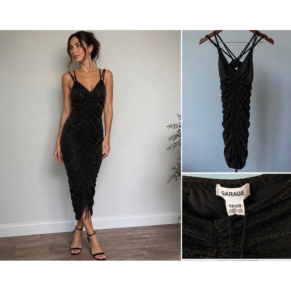 Garage Black Glitter Ruched Bodycon Dress Strappy Back XS 100060786
